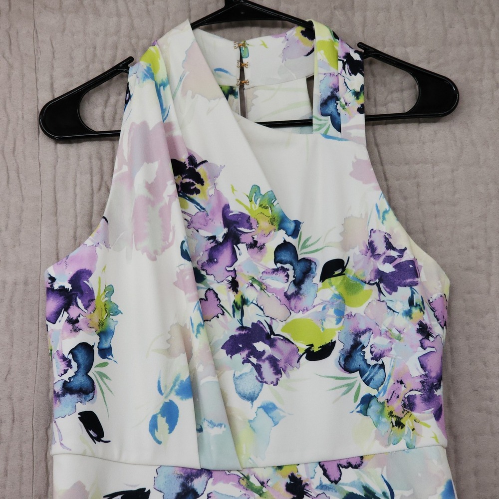 Donna Karan Dress 6 Midi Fit Flare Floral White Purple Watercolor Swing Spring - Picture 9 of 13